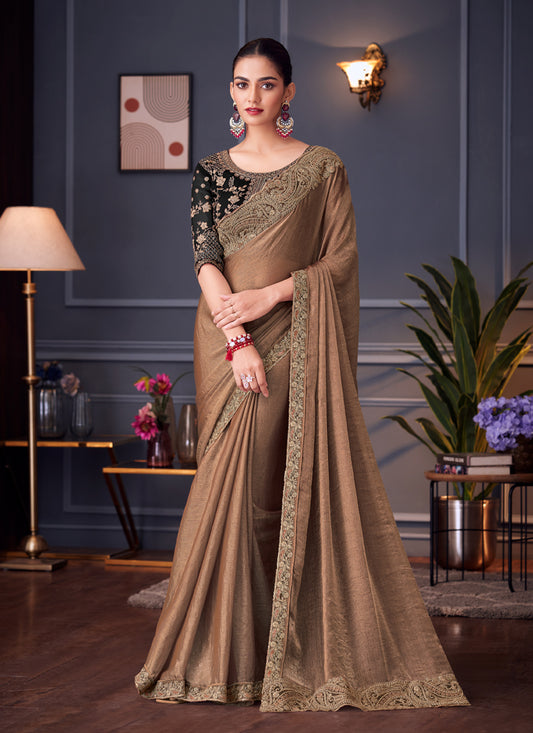 Mesmerizing Taupe Double Tone Silk Embroidered Wedding Saree