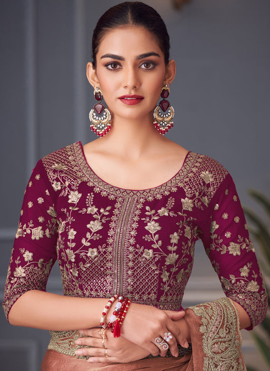 Fascinating Rose Gold Double Tone Silk Embroidered Wedding Saree