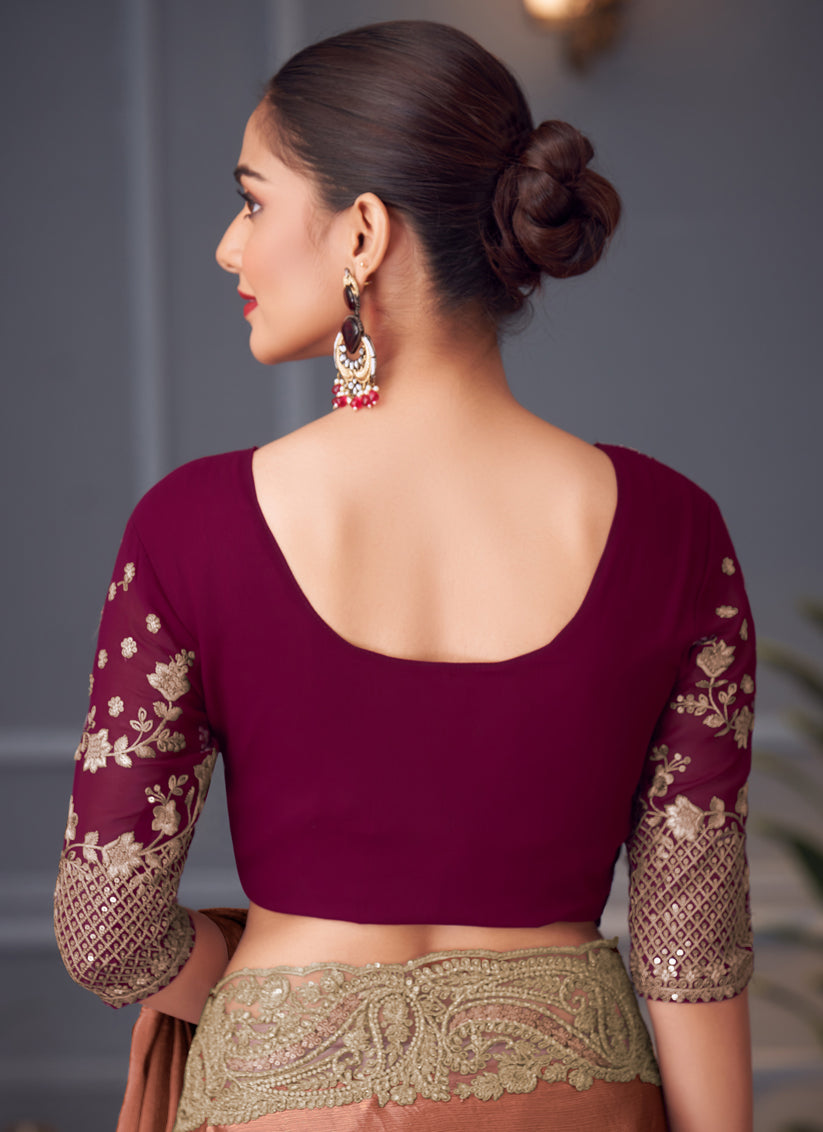 Fascinating Rose Gold Double Tone Silk Embroidered Wedding Saree