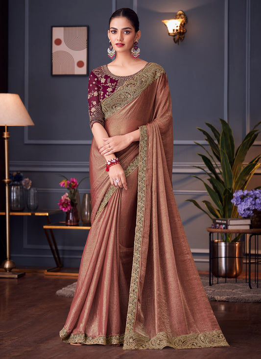 Fascinating Rose Gold Double Tone Silk Embroidered Wedding Saree