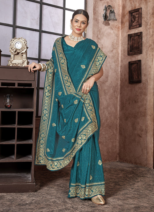 Teal Blue Art Silk Designer Saree