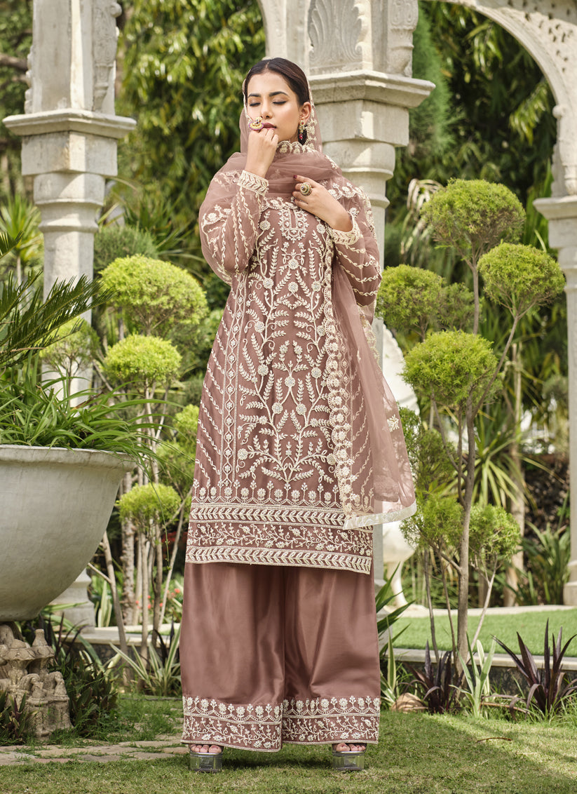 Copper Brown Pure Butterfly Net Palazzo Suit