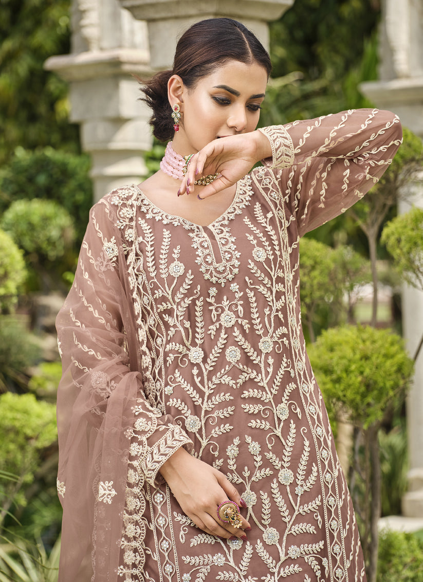 Copper Brown Pure Butterfly Net Palazzo Suit