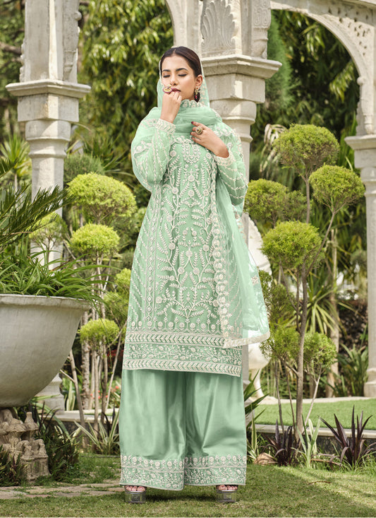 Mint Green Pure Butterfly Net Palazzo Suit