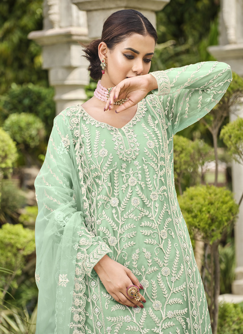Mint Green Pure Butterfly Net Palazzo Suit