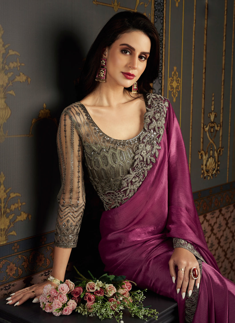 Wine Satin Silk Chiffon Saree with Embroidered Blouse