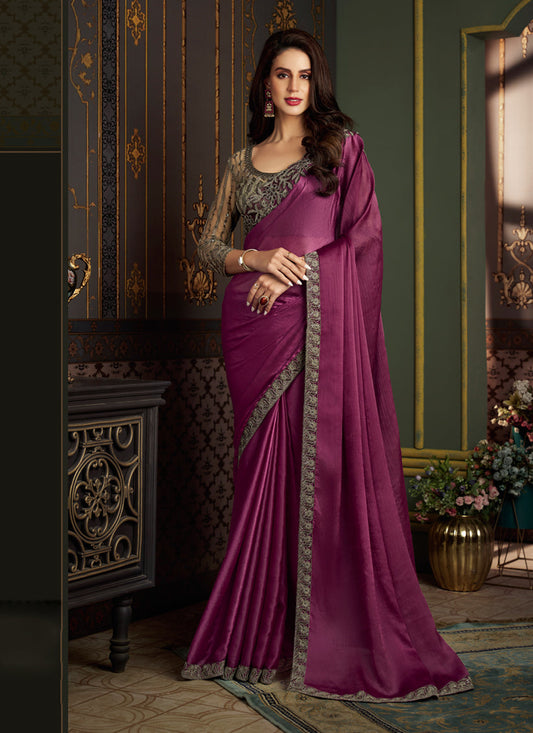 Wine Satin Silk Chiffon Saree with Embroidered Blouse