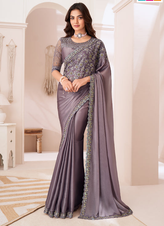Magnetic Dusty Grey Satin Silk Embroidered Wedding Saree