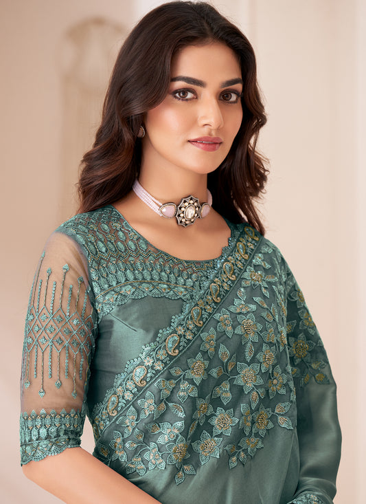 Lovely Teal Grey Satin Silk Embroidered Wedding Saree