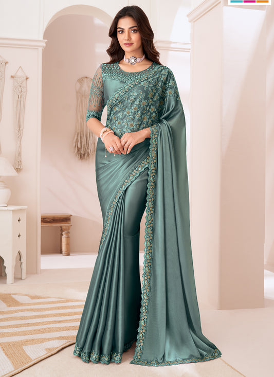 Lovely Teal Grey Satin Silk Embroidered Wedding Saree