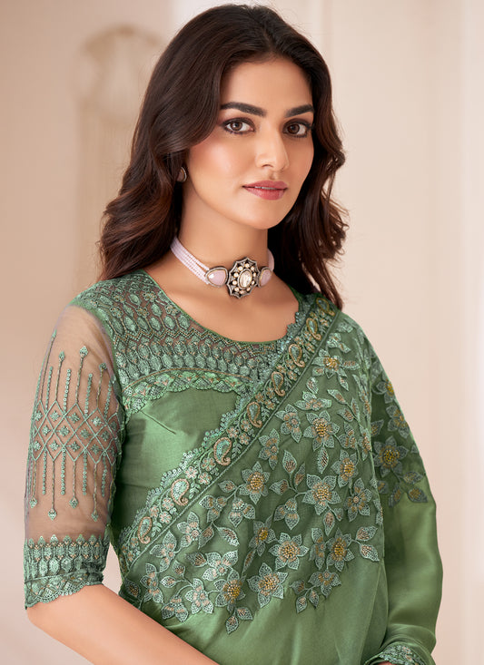 Awesome Sage Green Satin Silk Embroidered Wedding Saree