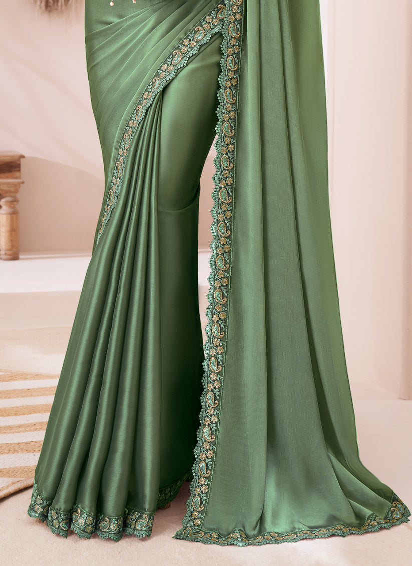 Awesome Sage Green Satin Silk Embroidered Wedding Saree
