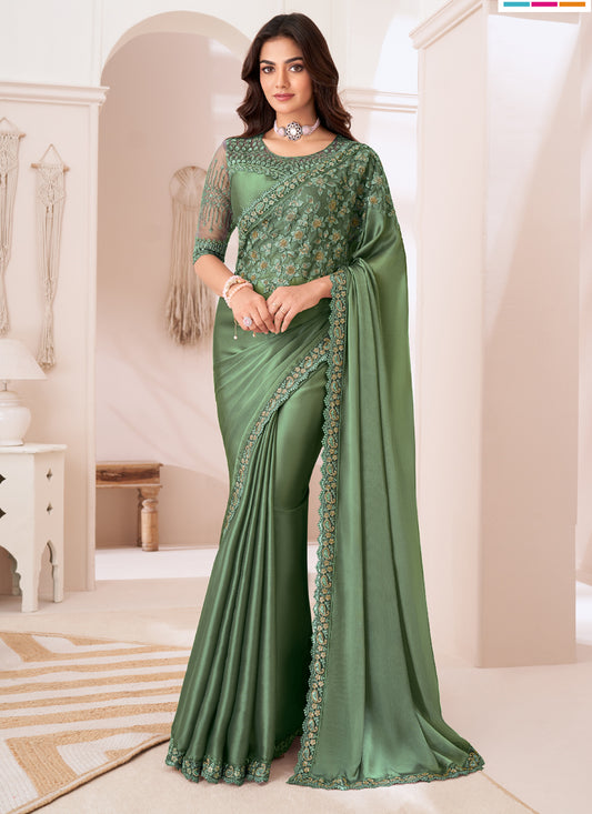 Awesome Sage Green Satin Silk Embroidered Wedding Saree