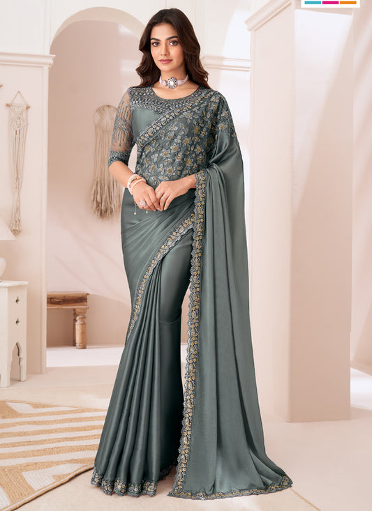 Glamorous Slate Grey Satin Silk Embroidered Wedding Saree