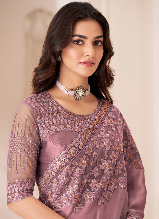 Marvelous Old Rose Satin Silk Embroidered Wedding Saree