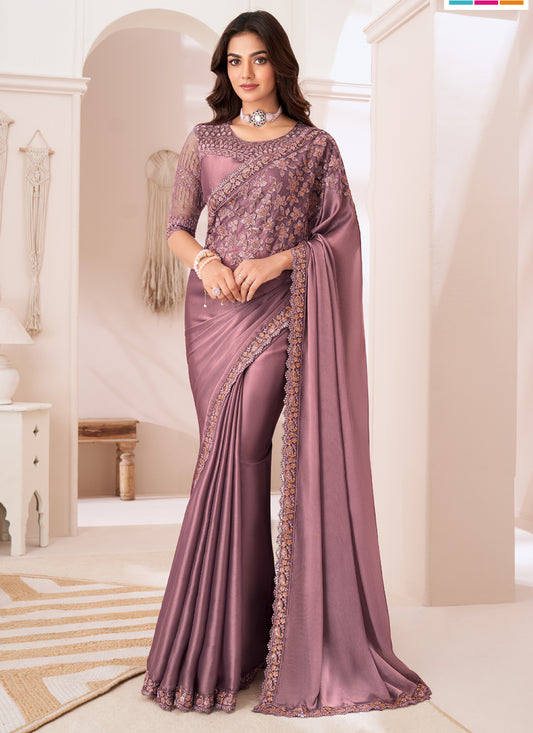 Marvelous Old Rose Satin Silk Embroidered Wedding Saree