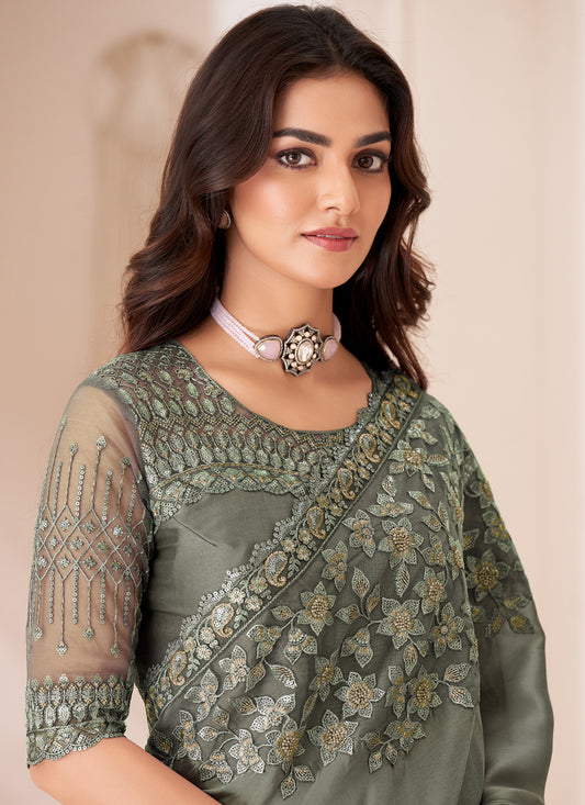Stunning Moss Grey Satin Silk Embroidered Wedding Saree