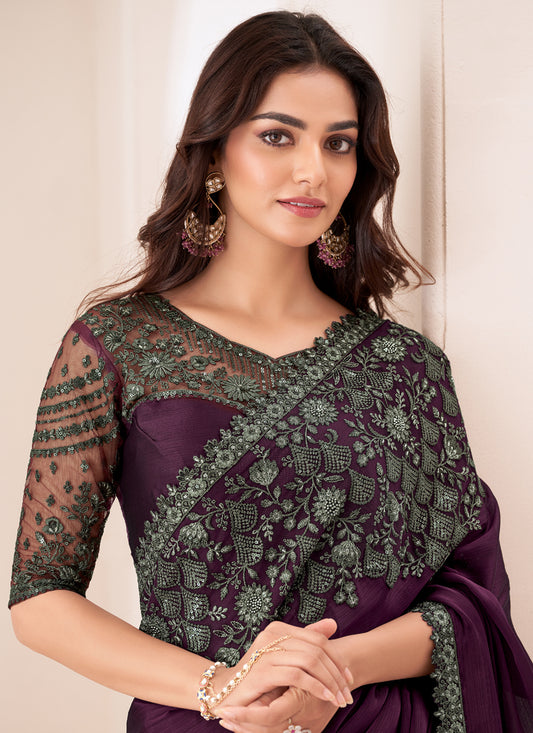 Wonderful Burgundy Satin Chiffon Embroidered Designer Saree