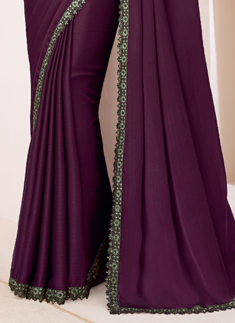 Wonderful Burgundy Satin Chiffon Embroidered Designer Saree