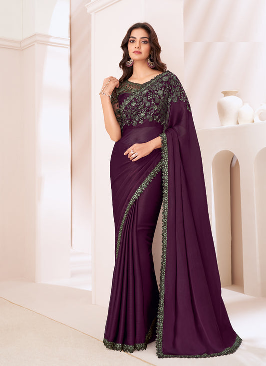Wonderful Burgundy Satin Chiffon Embroidered Designer Saree