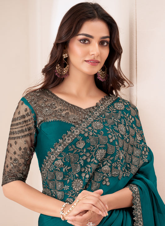Gorgeous Teal Green Satin Chiffon Embroidered Designer Saree