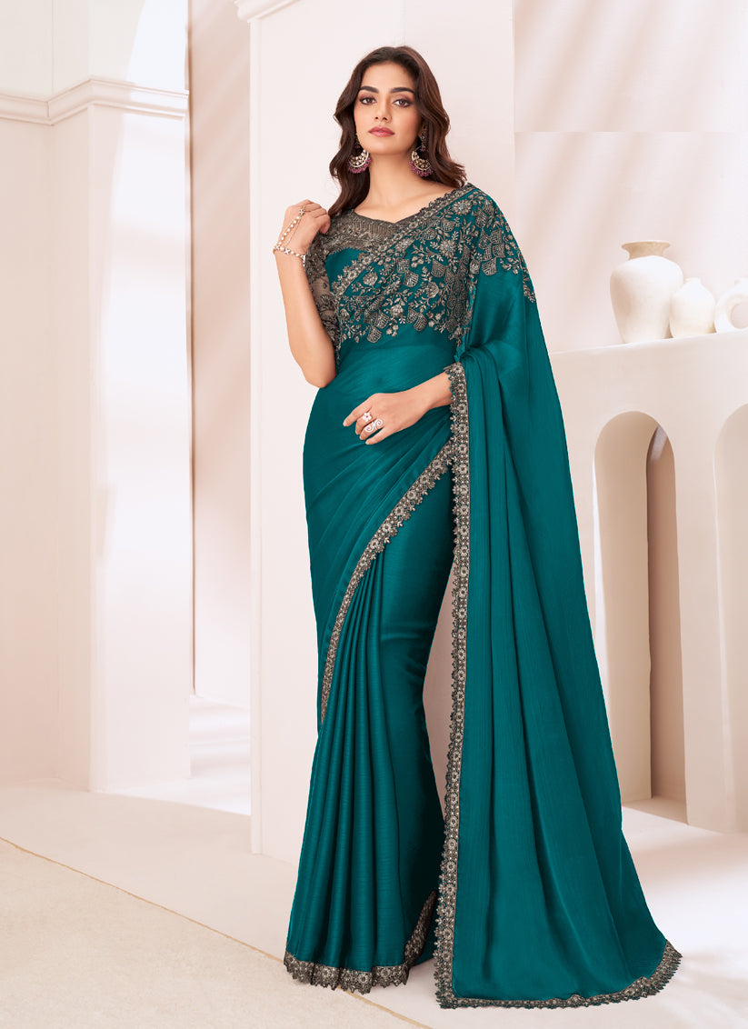 Gorgeous Teal Green Satin Chiffon Embroidered Designer Saree