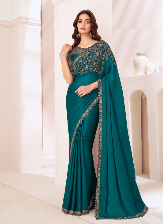Gorgeous Teal Green Satin Chiffon Embroidered Designer Saree