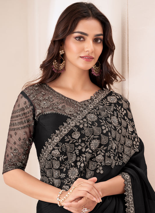 Astonishing Black Satin Chiffon Embroidered Designer Saree