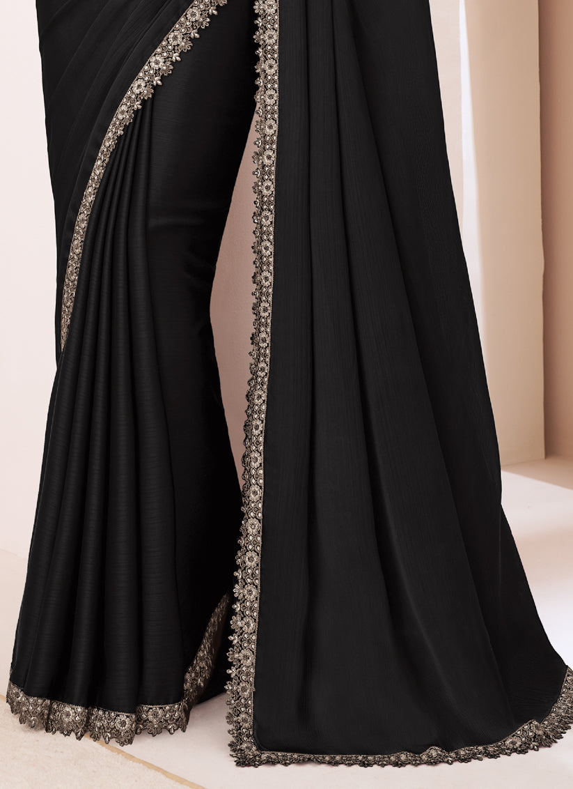 Astonishing Black Satin Chiffon Embroidered Designer Saree
