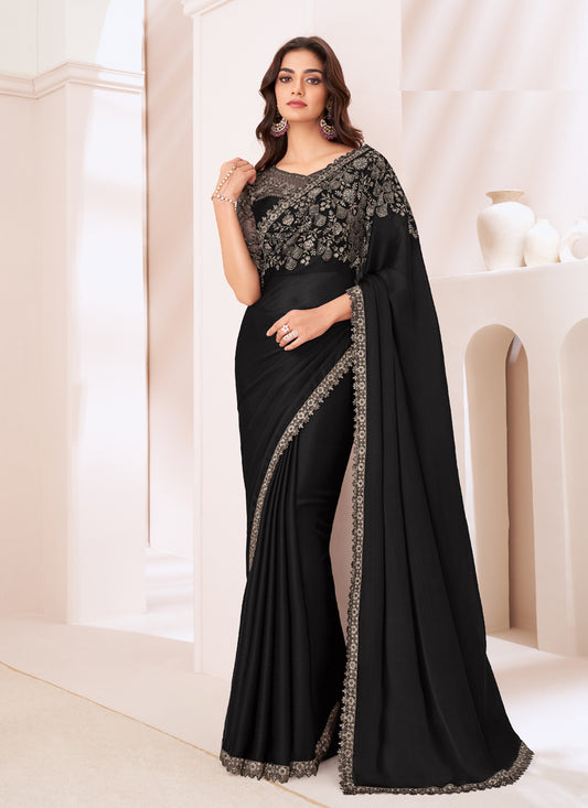 Astonishing Black Satin Chiffon Embroidered Designer Saree