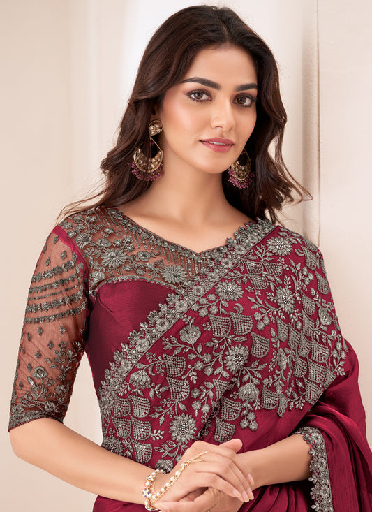 Unique Maroon Satin Chiffon Embroidered Designer Saree