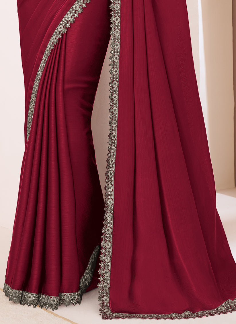 Unique Maroon Satin Chiffon Embroidered Designer Saree