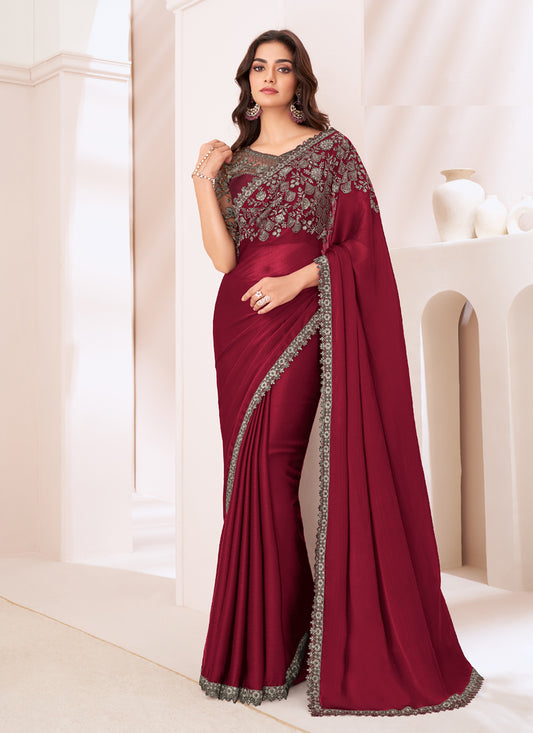 Unique Maroon Satin Chiffon Embroidered Designer Saree