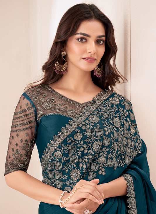 Incredible Peacock Blue Satin Chiffon Embroidered Designer Saree