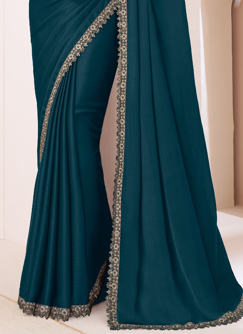 Incredible Peacock Blue Satin Chiffon Embroidered Designer Saree