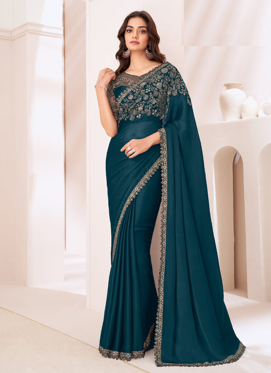 Incredible Peacock Blue Satin Chiffon Embroidered Designer Saree
