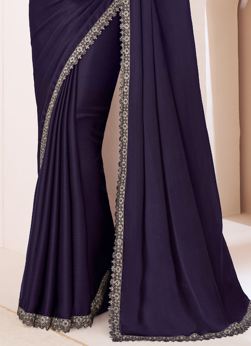 Spectacular Aubergine Satin Chiffon Embroidered Designer Saree