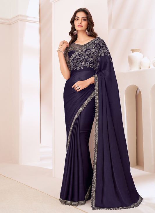 Spectacular Aubergine Satin Chiffon Embroidered Designer Saree