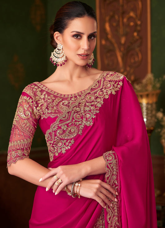 Delightful Raspberry Pink Embroidered Satin Silk Wedding Saree