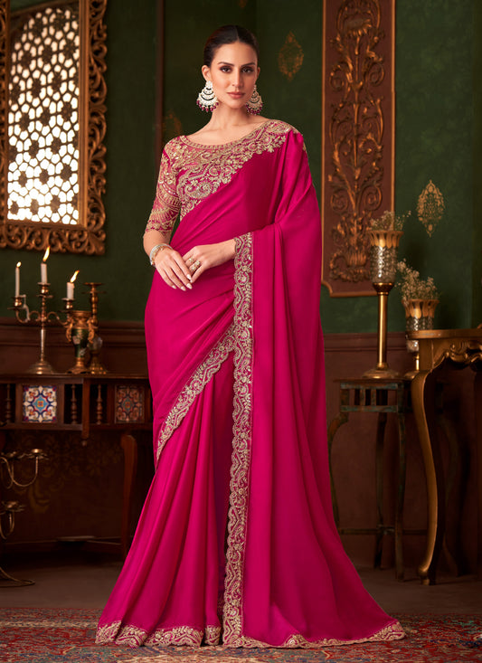 Delightful Raspberry Pink Embroidered Satin Silk Wedding Saree