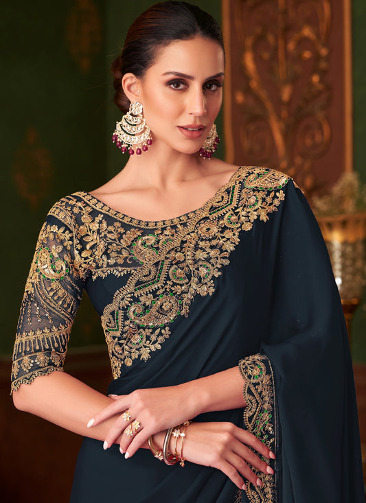 Dazzling Black Embroidered Satin Silk Wedding Saree