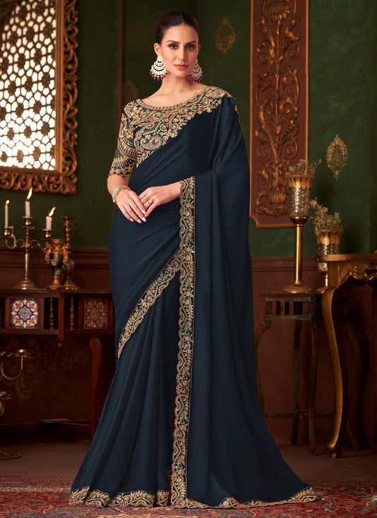 Dazzling Black Embroidered Satin Silk Wedding Saree