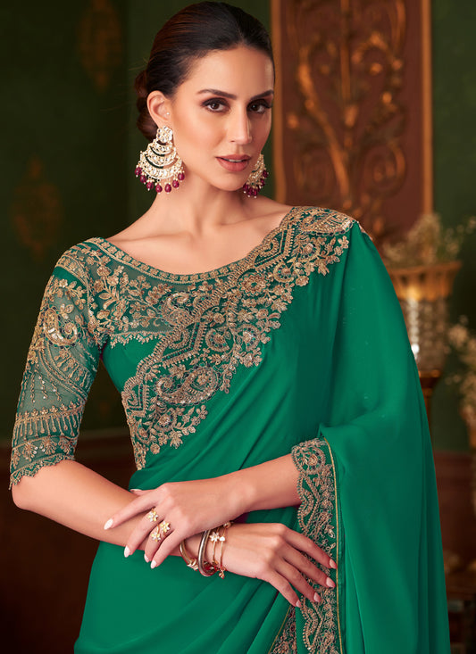 Charismatic Rama Green Embroidered Satin Silk Wedding Saree