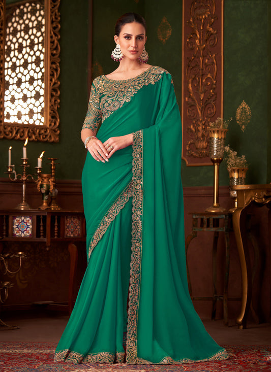 Charismatic Rama Green Embroidered Satin Silk Wedding Saree