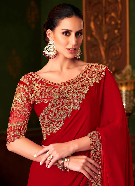 Fabulous Hot Red Embroidered Satin Silk Wedding Saree