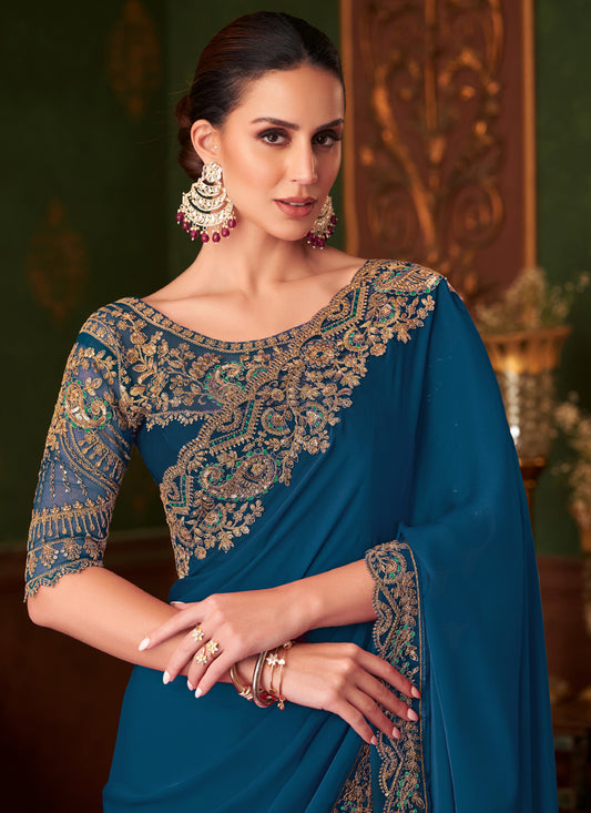 Outstanding Cobalt Blue Embroidered Satin Silk Wedding Saree