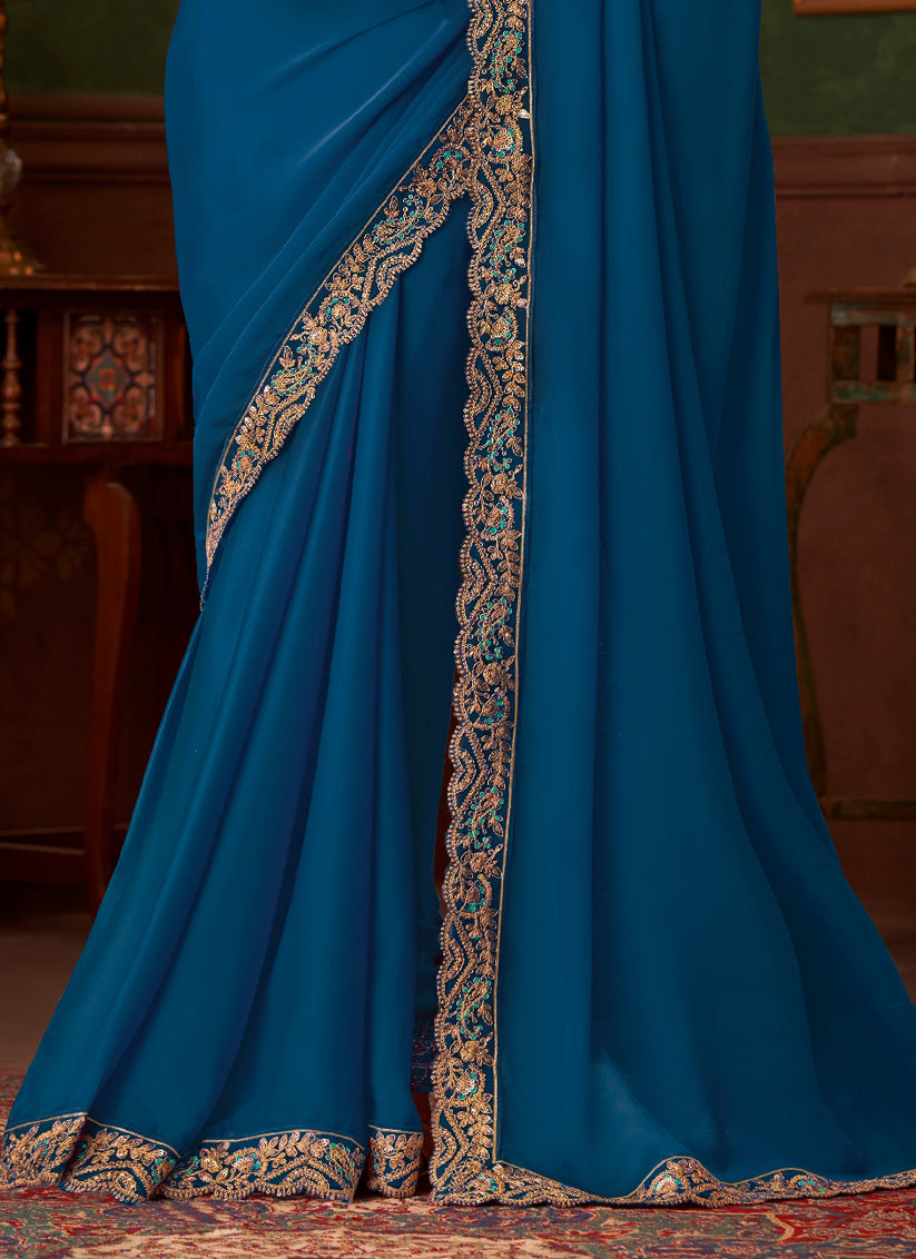Outstanding Cobalt Blue Embroidered Satin Silk Wedding Saree