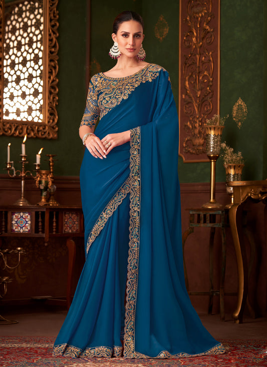 Outstanding Cobalt Blue Embroidered Satin Silk Wedding Saree