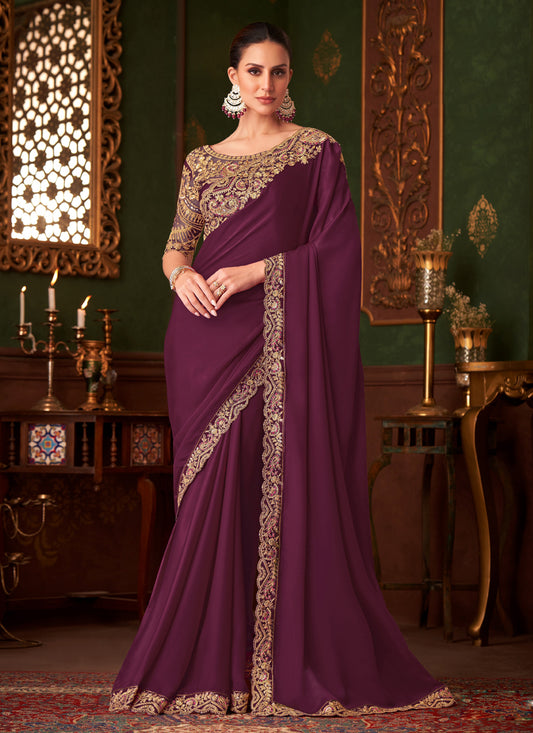 Exquisite Burgundy Embroidered Satin Silk Wedding Saree