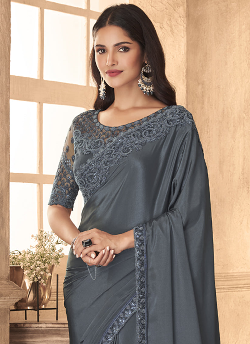 Slate Grey Silk Embroidered Designer Wedding Saree
